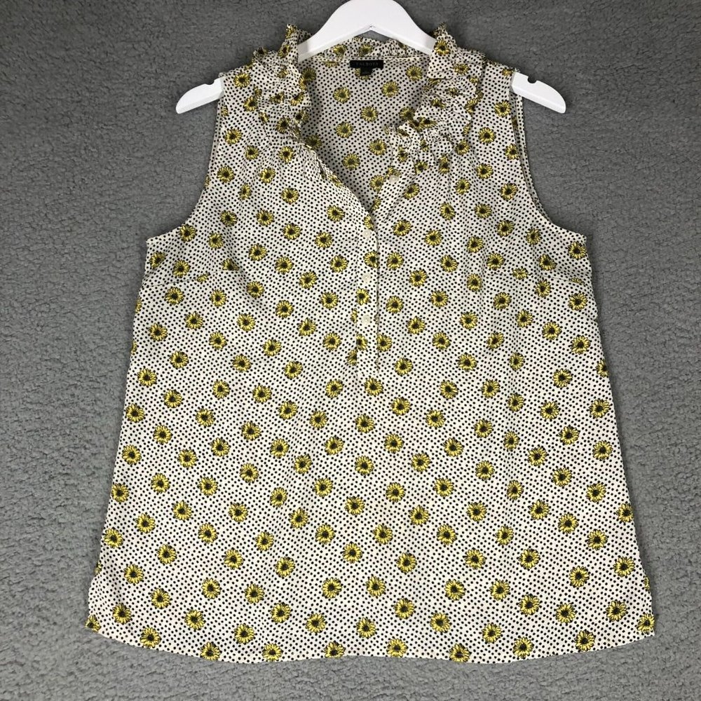 Talbots Women's Medium Tank Top Popover Sunflowers Floral Ruffle Neckline Summer
